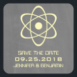 Yellow Atomic Chalkboard Save the Date Stickers<br><div class="desc">Cute and nerdy Atomic Chalkboard Save the Date Stickers featuring a simple atomic symbol in yellow on a chalkboard look background. These geeky and fun save the date stickers are perfect for announcing your science themed wedding! Easy to customize, simply add the details of your wedding in the spaces provided....</div>