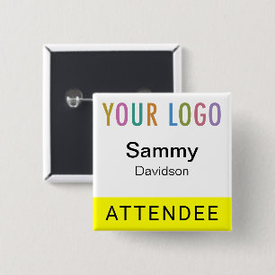 Yellow Attendee Name Tag with Logo Pinback Square 2 Inch Square Button