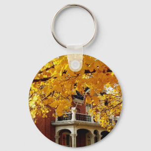 Yellow Autumn Leaves and Old Brick House Keychain