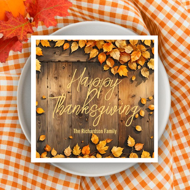 Yellow Autumn Leaves on Wood Thanksgiving Napkin (Creator Uploaded)
