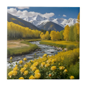 Yellow Autumn Snowy Mountains Aspen River Tile