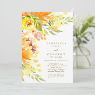 Yellow Autumn Watercolor Floral Elegant Wedding Invitation