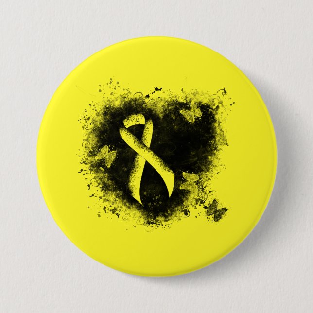 Yellow Awareness Ribbon Grunge Heart 3 Inch Round Button (Front)