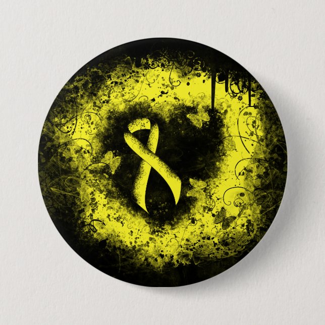 Yellow Awareness Ribbon Grunge Heart 3 Inch Round Button (Front)