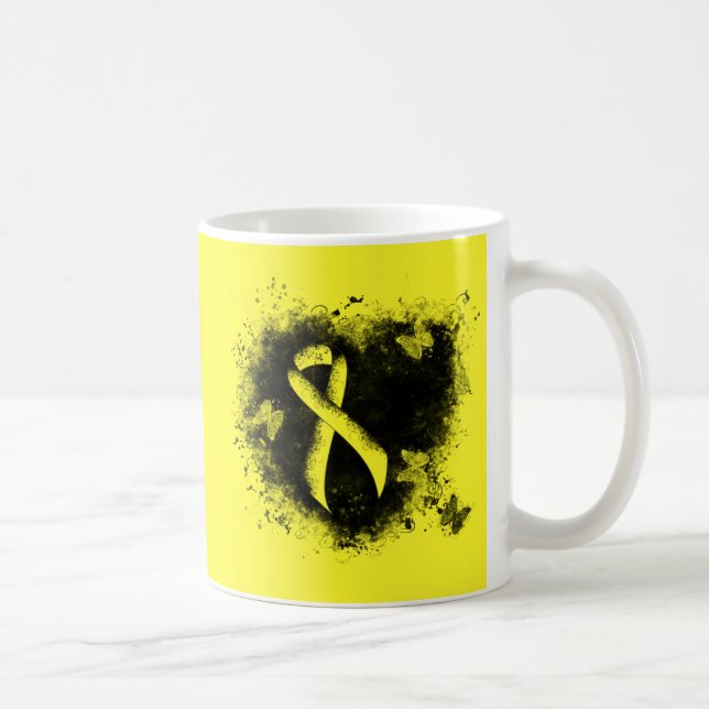 Yellow Awareness Ribbon Grunge Heart Coffee Mug (Right)
