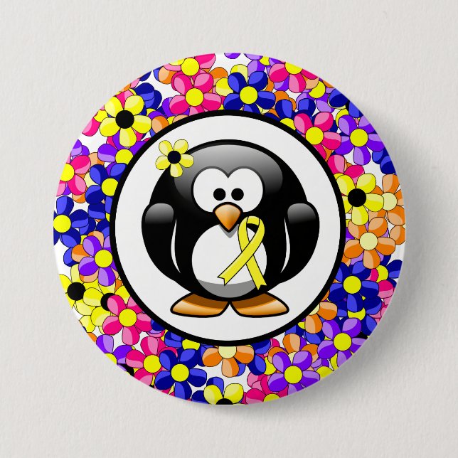 Yellow Awareness Ribbon Penguin 3 Inch Round Button (Front)