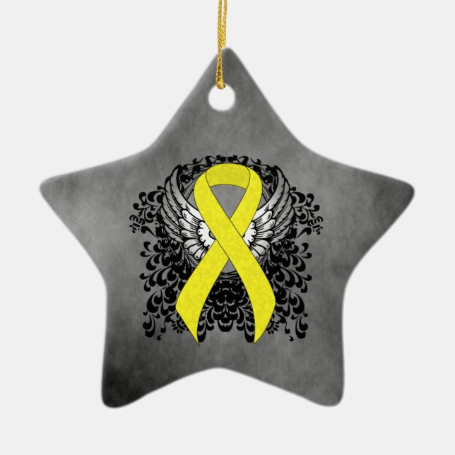 Yellow Awareness Ribbon with Wings Ceramic Ornament (Front)