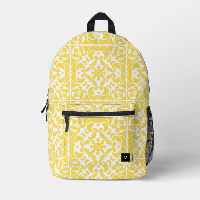 Yellow Azulejos Portuguese Spanish Mediterranean Printed Backpack (Front)