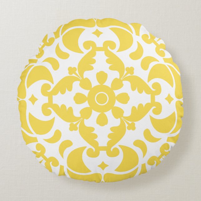 Yellow Azulejos Portuguese Spanish Mediterranean Round Pillow (Front)