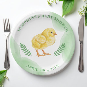 Yellow Baby Chick And Green Watercolor Baby Shower Paper Plate