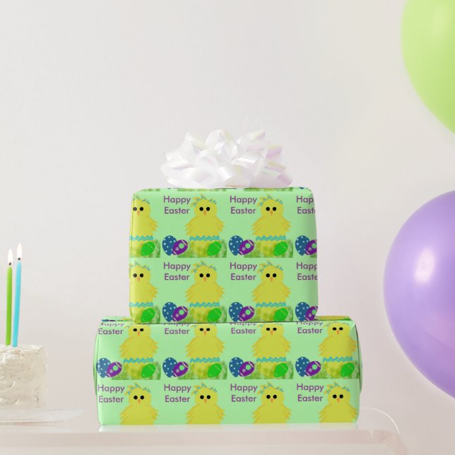 Yellow Baby Chick Blue Stripe Easter Eggs Wrapping Paper (Party Gifts)