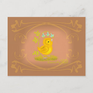 Yellow Baby Chick with Bluebell Flowers Postcard