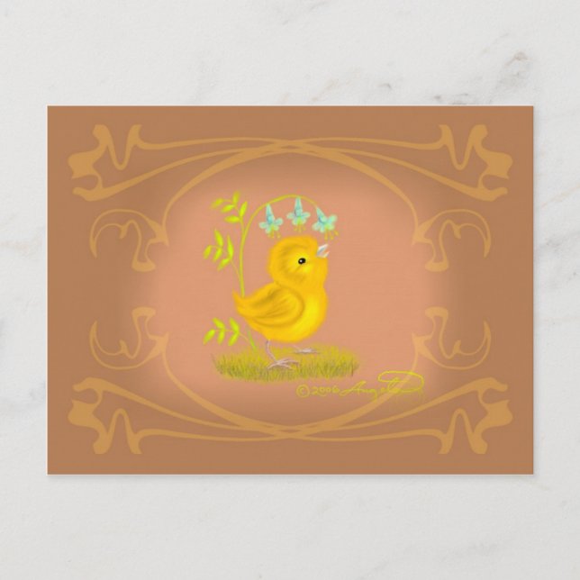 Yellow Baby Chick with Bluebell Flowers Postcard (Front)