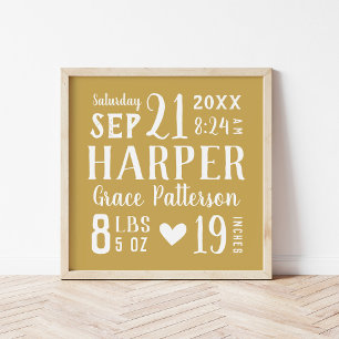 Yellow Baby Girl Birth Stats Keepsake Poster