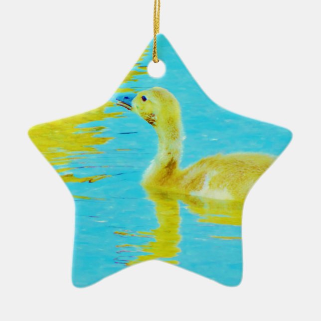 Yellow Baby goose with light blue water Ceramic Ornament (Front)