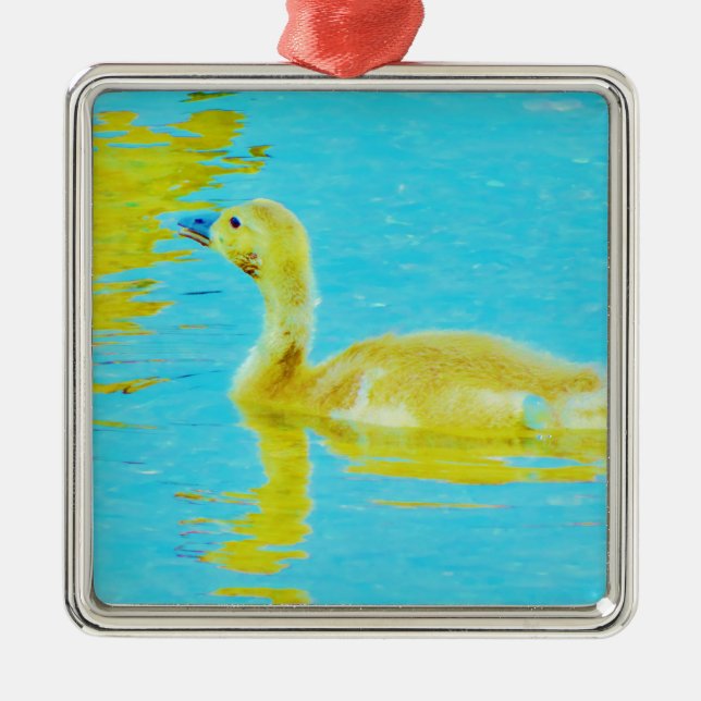 Yellow Baby goose with light blue water Metal Ornament (Front)