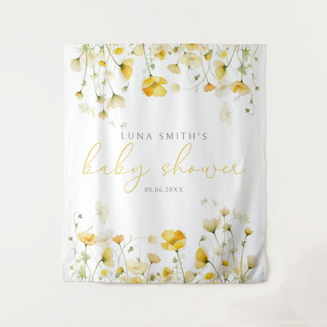 Yellow Baby In Bloom Floral Baby Shower Backdrop Tapestry (Front)