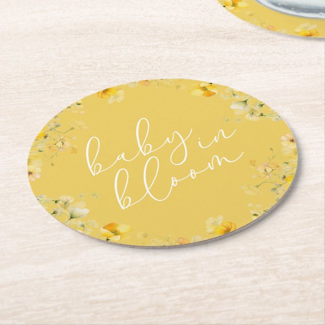 Yellow Baby In Bloom Floral Wildflower Baby Shower Round Paper Coaster (Angled)