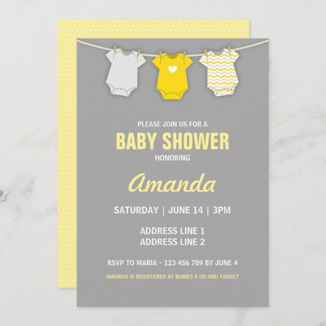 Yellow Baby Shower Invitation, Clothesline Theme Invitation (Front/Back)