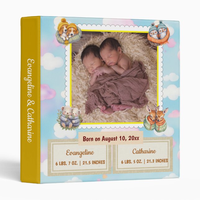 Yellow Baby Twins, Double Blessing Photo Album Binder (Front/Spine)