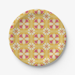 yellow back & symmetrical pink floral pattern paper plate