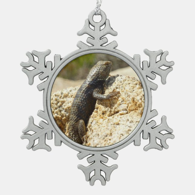 Yellow-Backed Spiny Lizard at Joshua Tree Snowflake Pewter Christmas Ornament (Front)