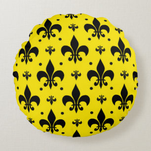 Yellow Background Fleur-de-lis Pattern Design Round Pillow