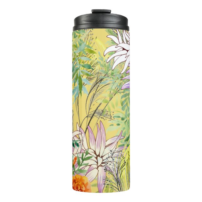 Yellow Background Floral Watercolor Pattern Thermal Tumbler (Front)