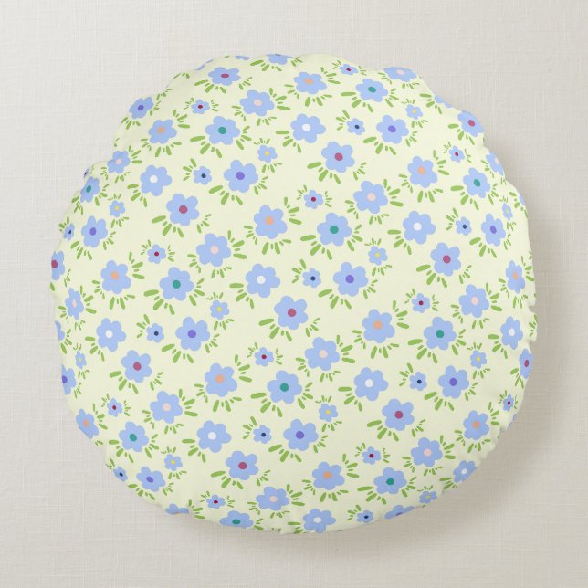 Yellow Background Happy Flowers Round Pillow (Front)