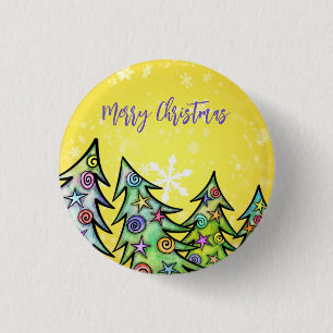 Yellow Background With Snowflakes AndChristmasTree 1 Inch Round Button