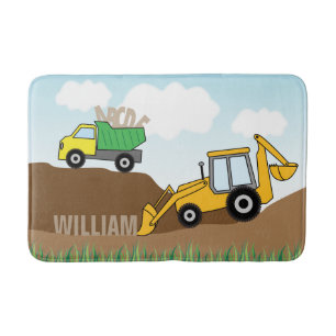 Yellow Backhoe and Dump Truck Personalized Bath Mat