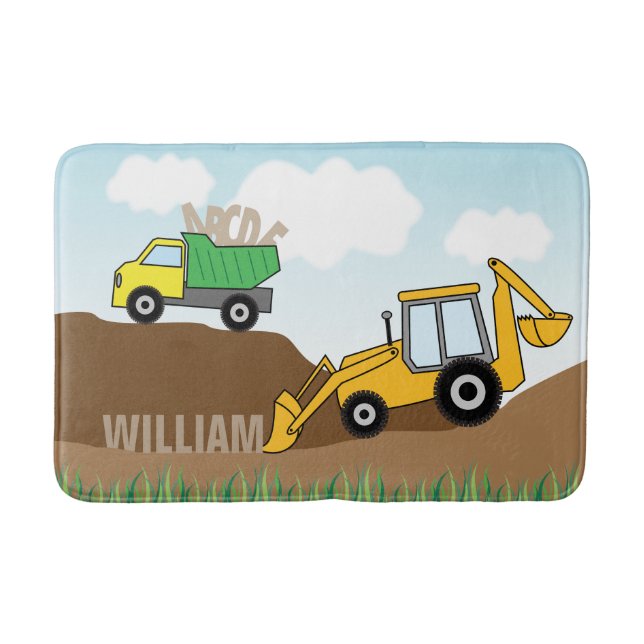 Yellow Backhoe and Dump Truck Personalized Bath Mat (Front)