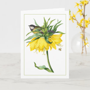 Yellow Backyard Bird on a Stem of Yellow Flowers Card