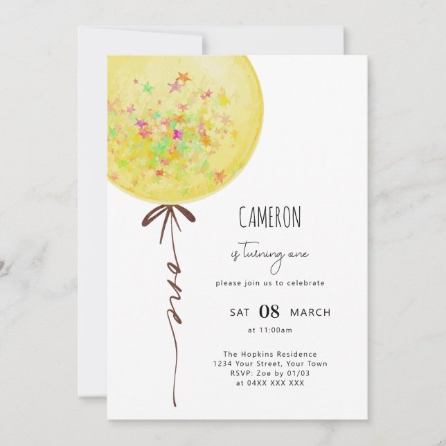 Yellow Balloon Watercolor Birthday Party Invitation (Front)