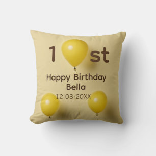 Yellow balloons 1st birthday add name date text throw pillow