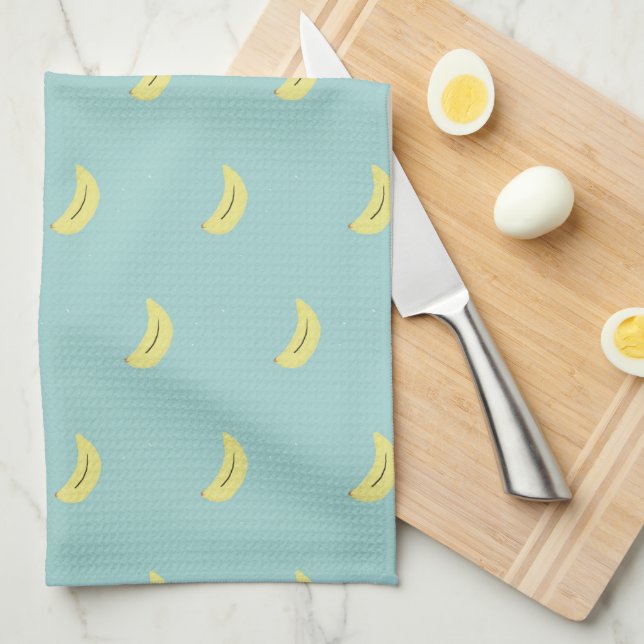 Yellow banana drawing blue pattern kitchen towel (Quarter Fold)