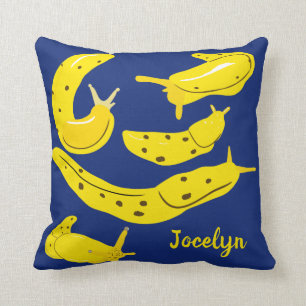 Yellow Banana Slugs on Royal Blue Personalized Throw Pillow