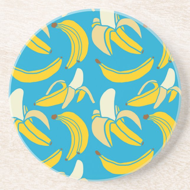 Yellow bananas, blue background pattern coaster (Front)