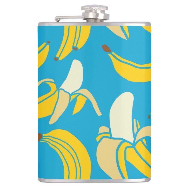 Yellow bananas, blue background pattern hip flask (Front)