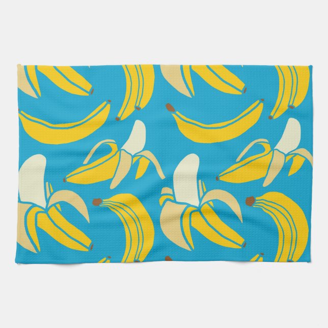 Yellow bananas, blue background pattern kitchen towel (Horizontal)
