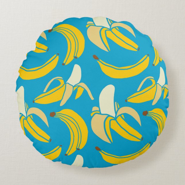 Yellow bananas, blue background pattern round pillow (Front)