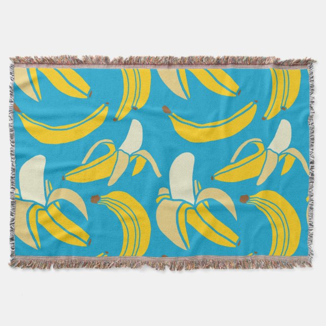 Yellow bananas, blue background pattern throw blanket (Front)