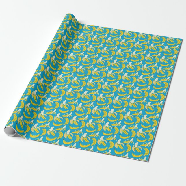 Yellow bananas, blue background pattern wrapping paper (Unrolled)