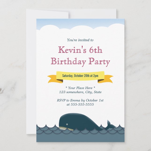Yellow Banner Blue Whale Birthday Invitations (Front)