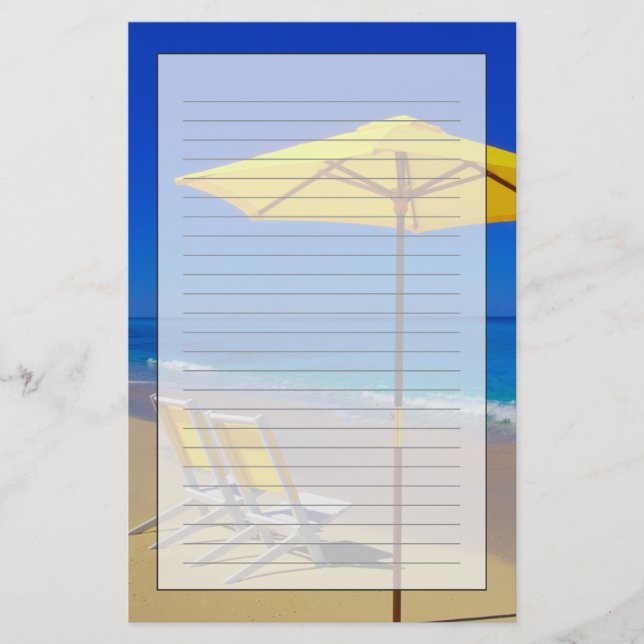 Yellow beach umbrella and chairs on pristine stationery (Front)