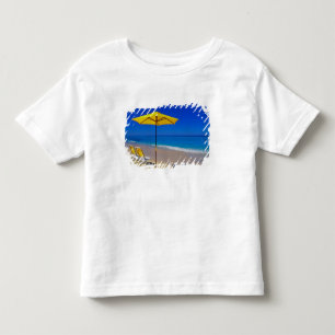 Yellow beach umbrella and chairs on pristine toddler t-shirt
