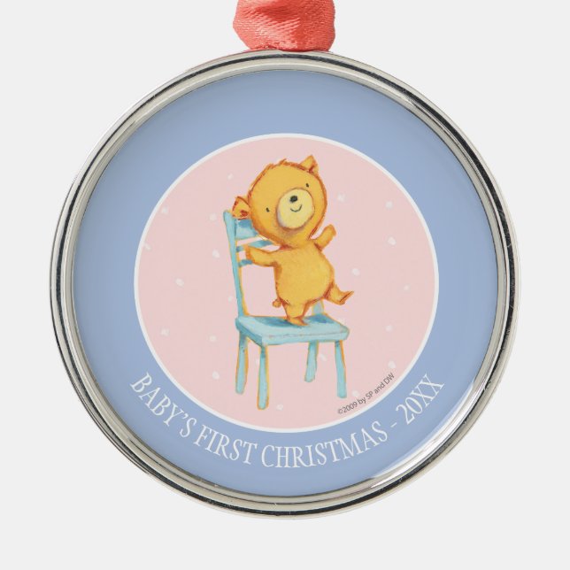 Yellow Bear Dances and Plays on Chair Metal Ornament (Front)