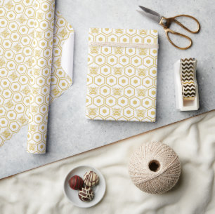 Yellow Bee and Honeycomb Pattern Wrapping Paper