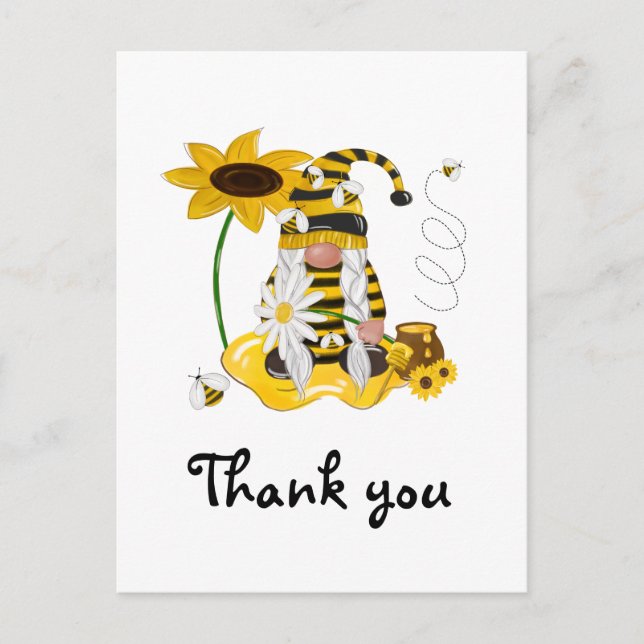 Yellow Bee Gnome Sunflower Thank You Postcard (Front)