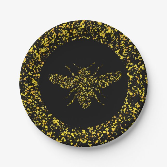 Yellow bee Splattered Paint  Paper Plate (Front)